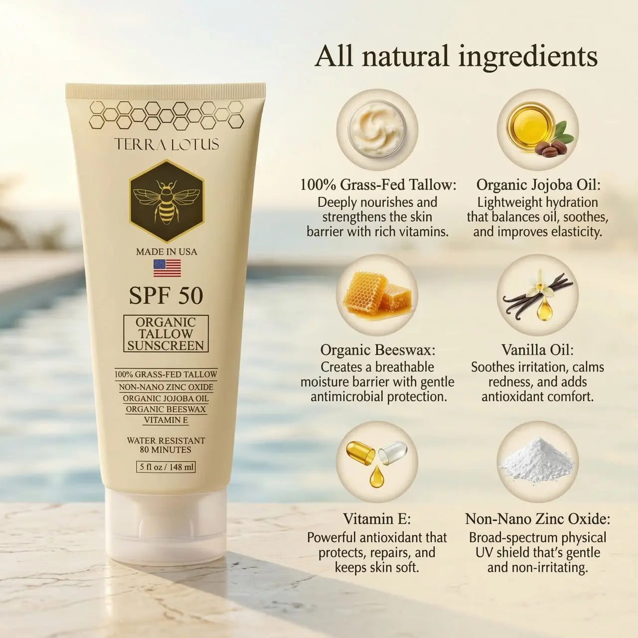 Organic Tallow Sunscreen - Natural Mineral Sunscreen SPF 50
