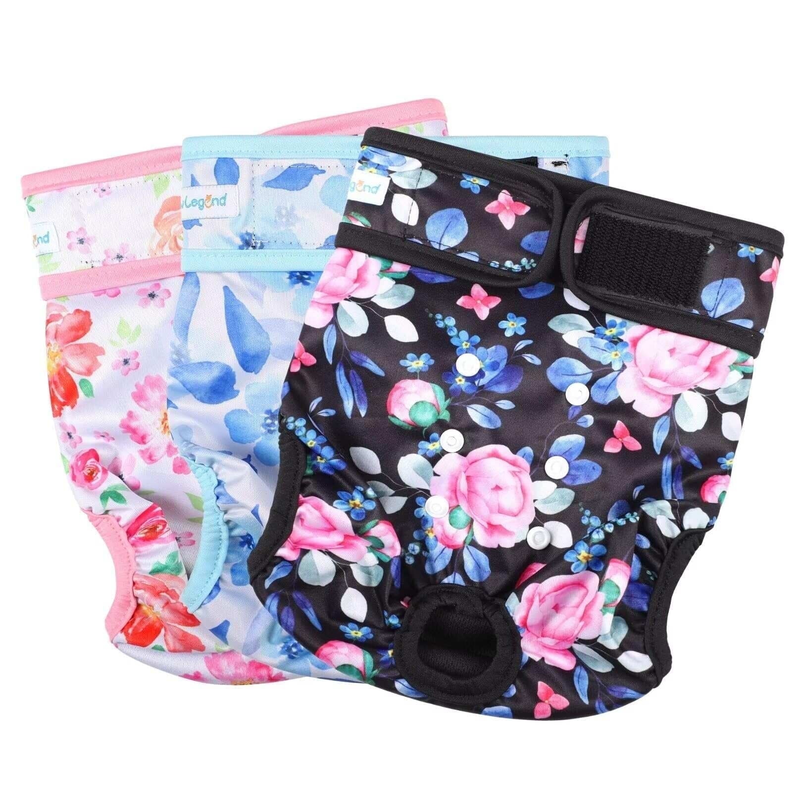 Paw Legend Reusable Female Dog Diapers Pack of 3, No Leak Doggie Diapers for Heat Cycle, Peony Flower, Small