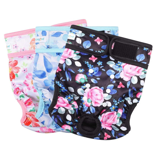 Paw Legend Reusable Female Dog Diapers Pack of 3, No Leak Doggie Diapers for Heat Cycle, Peony Flower, Small